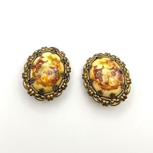 Vintage Limoges Style Fragonard Courting Couple Clip On Earrings Gold Tone Oval